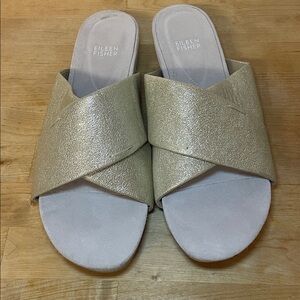 Eileen Fisher gold leather criss cross slide small heel sandals women’s size 11